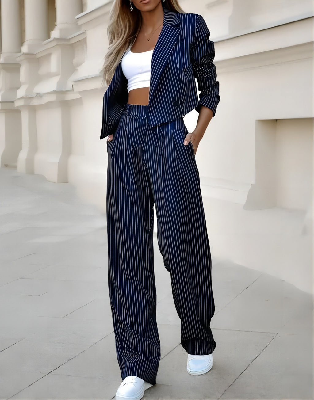 Women’s Spring Striped Suit – Casual Lapel Cropped Jacket with Straight Pants