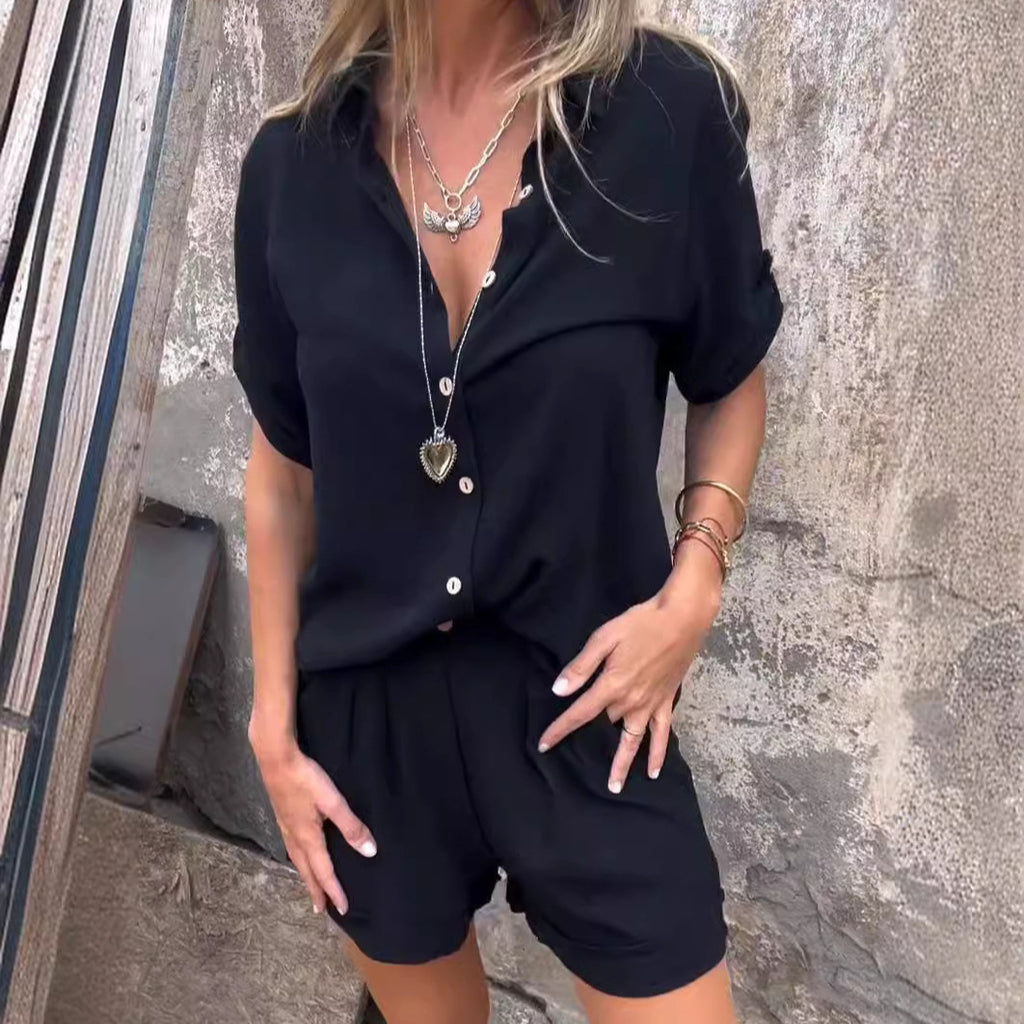 Women’s Summer Two-Piece Suit – Lapel Short Sleeve Button Shirt with Pocket Shorts