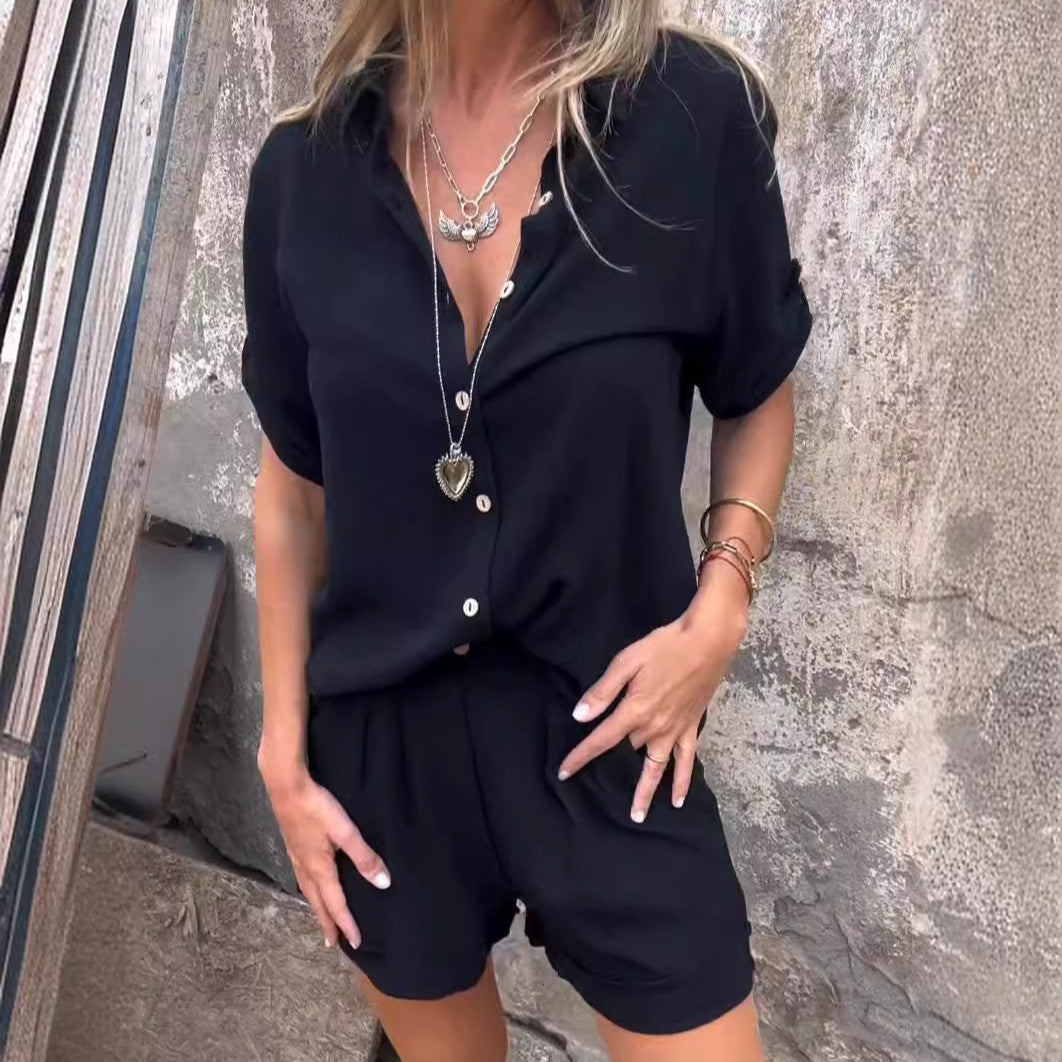 Women’s Summer Two-Piece Suit – Lapel Short Sleeve Button Shirt with Pocket Shorts