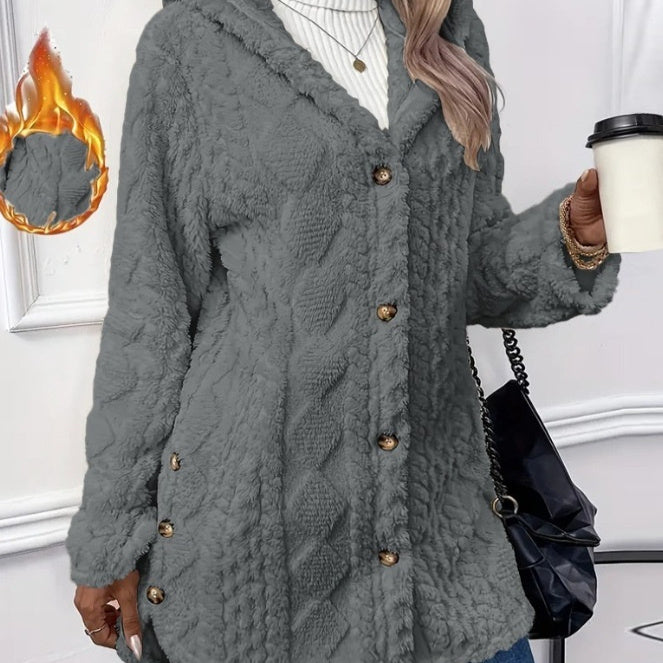 Kapuzenstrickjacke mit Knöpfen, langer Jacke, Winter, einfarbig, Langarmmantel