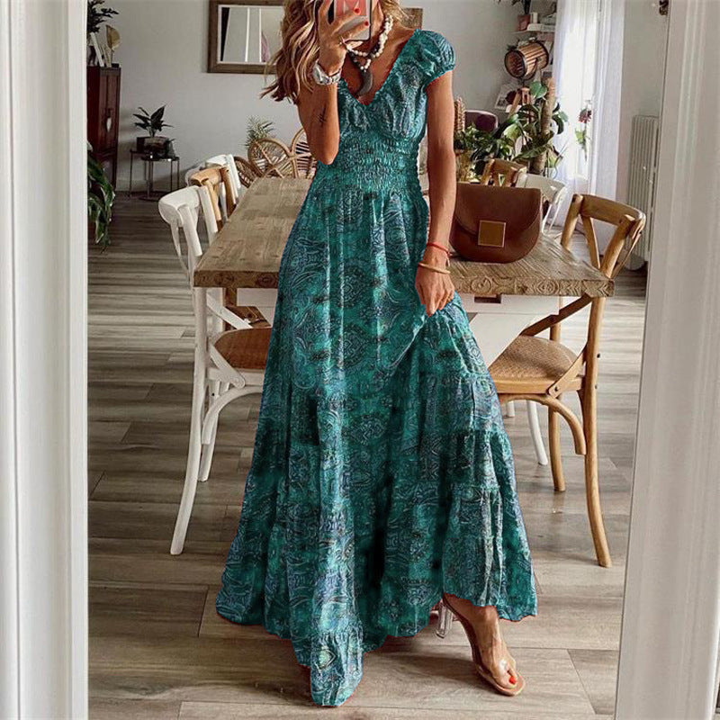 Women’s Summer Floral Midi Dress – Waist-Cinching Elegant A-Line Outfit