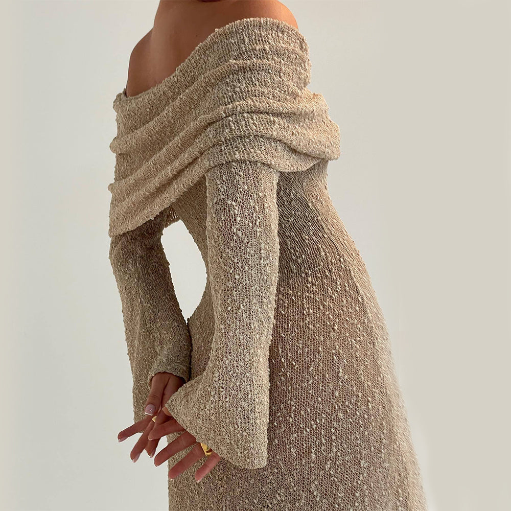 Stylisches Abendkleid – Figurbetont, gestrickt, schulterfrei, lang, modisch
