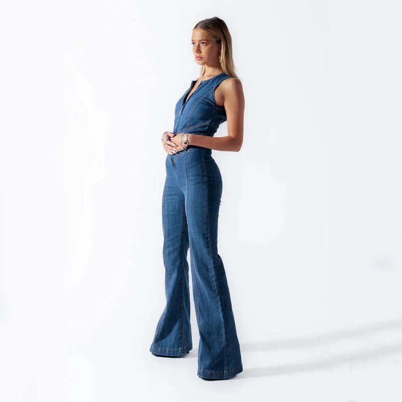 Women’s Summer Denim Jumpsuit – Slim Fit Halter Neck Heart-Shape Backless Style
