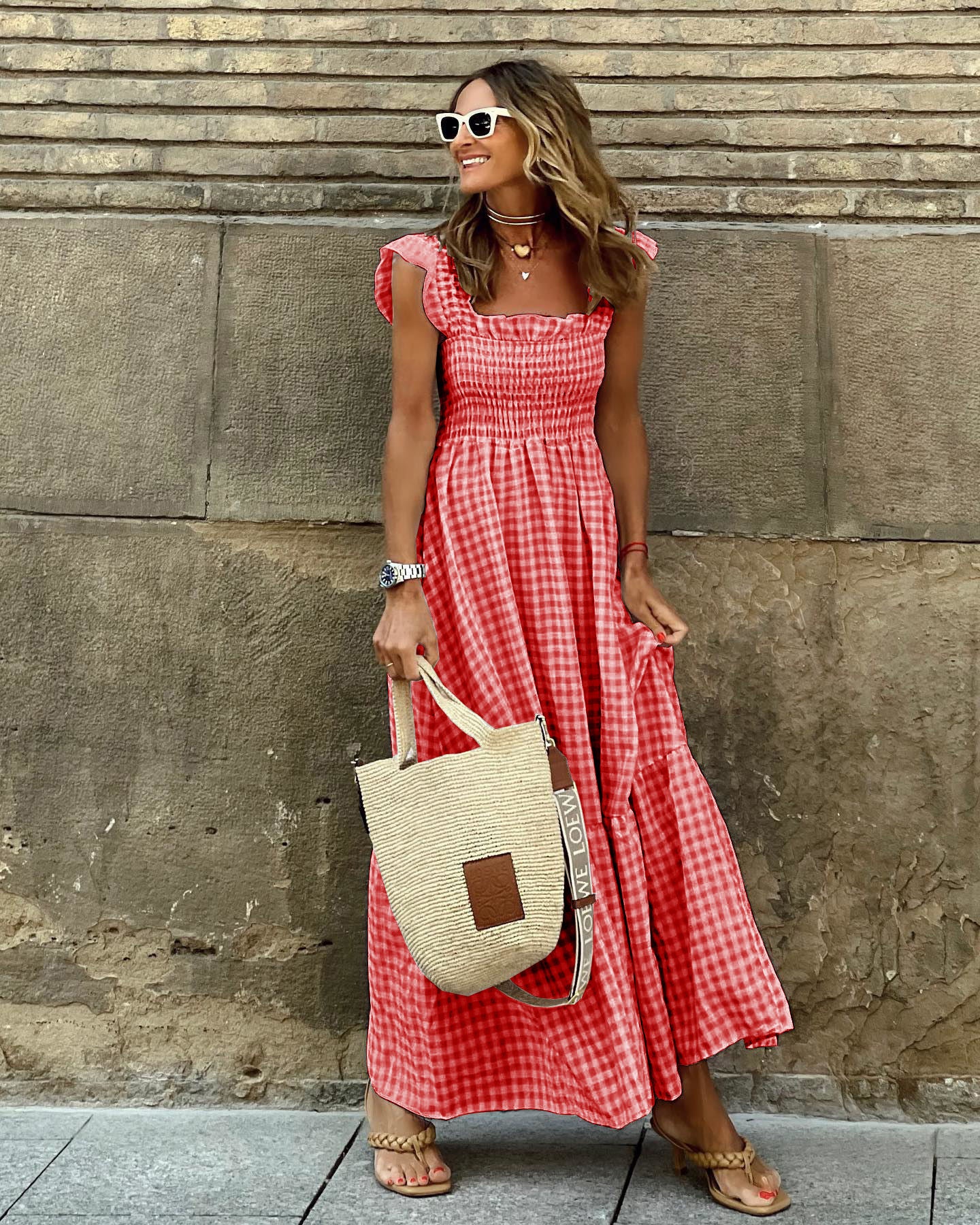 Women’s Summer Plaid Dress – Sleeveless A-Line Pleated Ruffle Beach Outfit