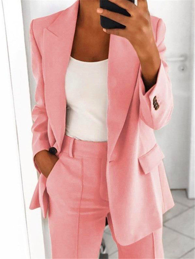 Trendy Women’s Workwear – Casual Long Sleeve Blazer Jacket with Slim Fit Trousers