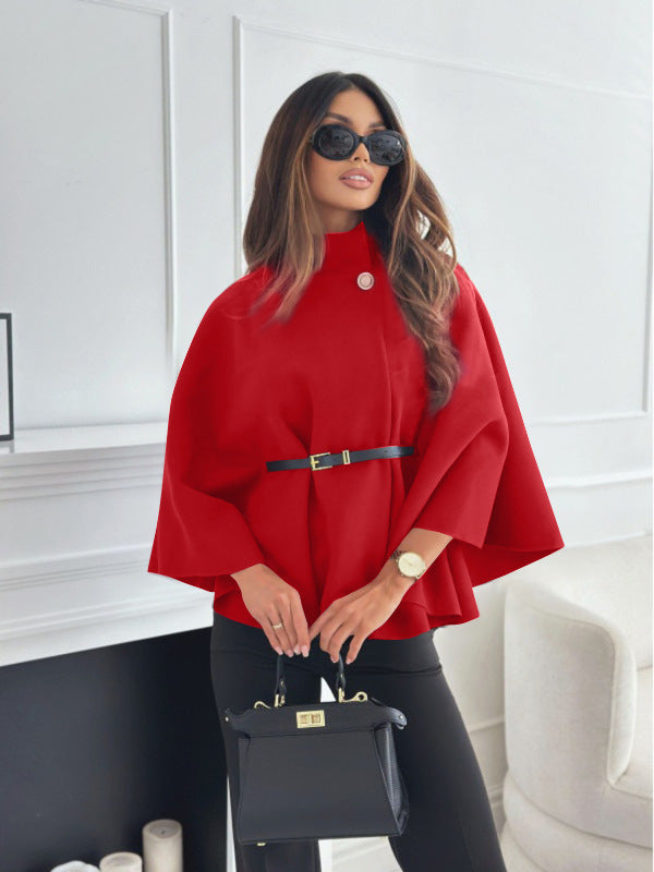 Women’s Woolen Cloak Jacket – Stand Collar Batwing Sleeve Belted Sweater Outwear