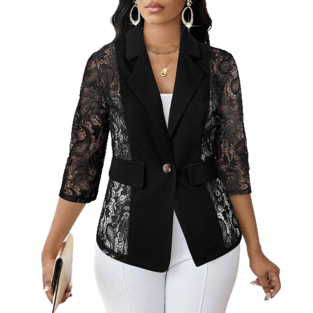 Damen einfarbige Spitzen-Hohl-Dreiviertelarm-Freizeitjacke