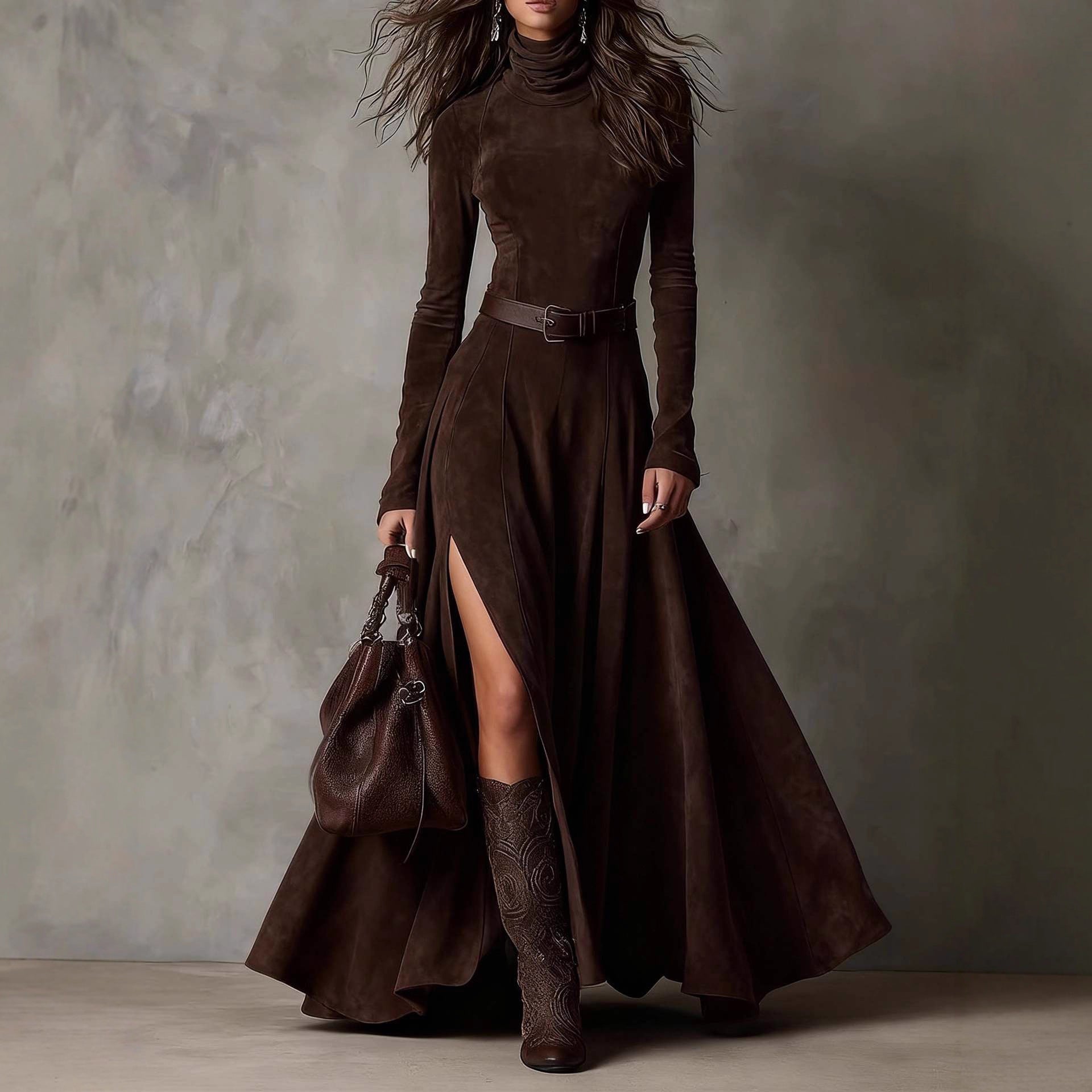Langes stylisches Kleid mit GürtelEuropäische und amerikanische Mode