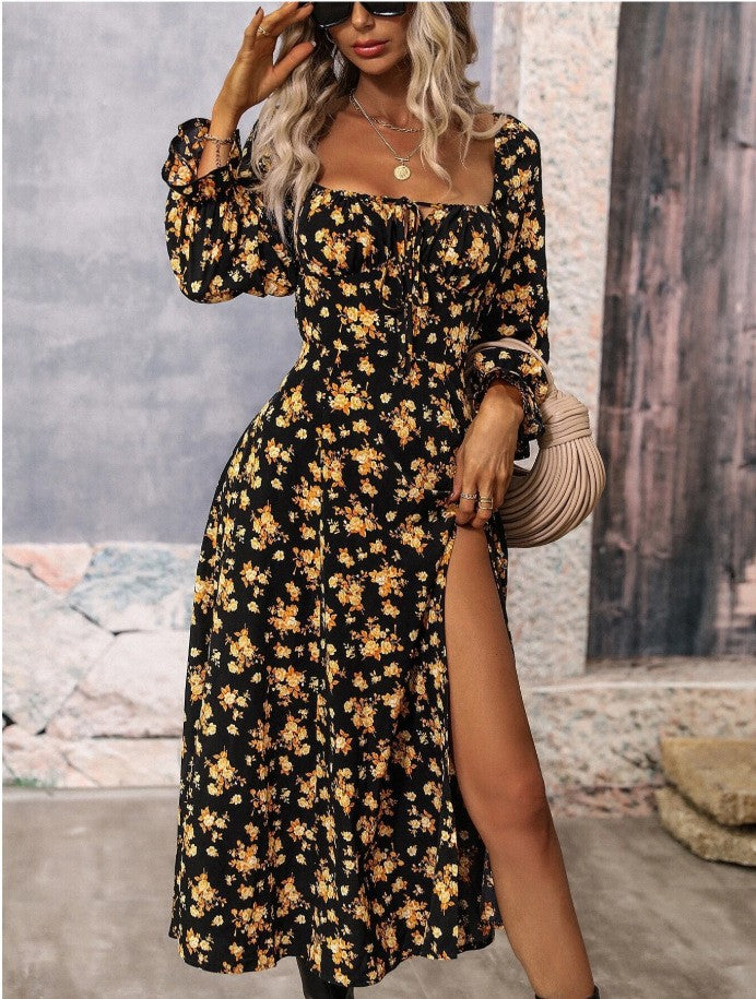 Women’s Summer Floral Dress – Square-Neck Long Sleeve Slit Outfit
