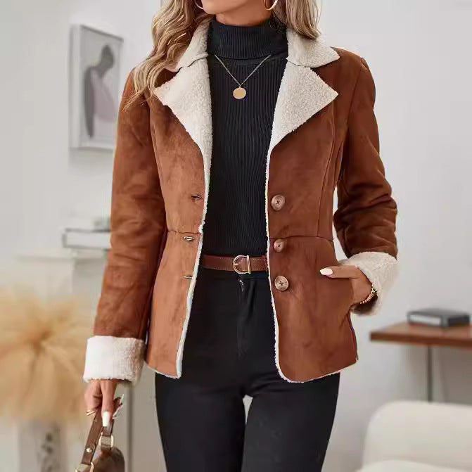 Veste décontractée avec col à revers, doublée de fourrure et poches, pour l'hiver