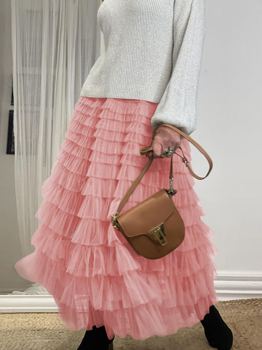 Women’s Summer Mesh Maxi Skirt – Layered Ruffle Cake Style Party Outfit