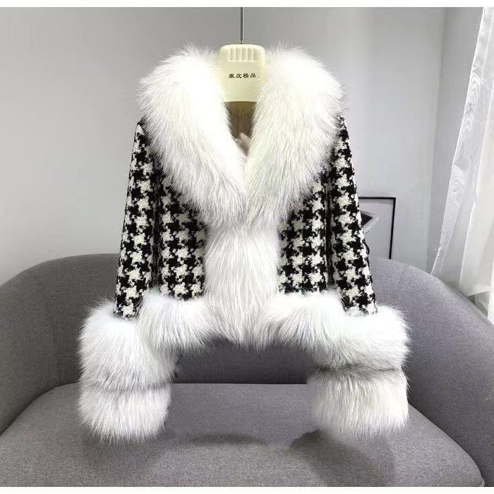 Nerzmantel Damen Kurz Houndstooth Pelzkragen Silberfuchs Pelzjacke
