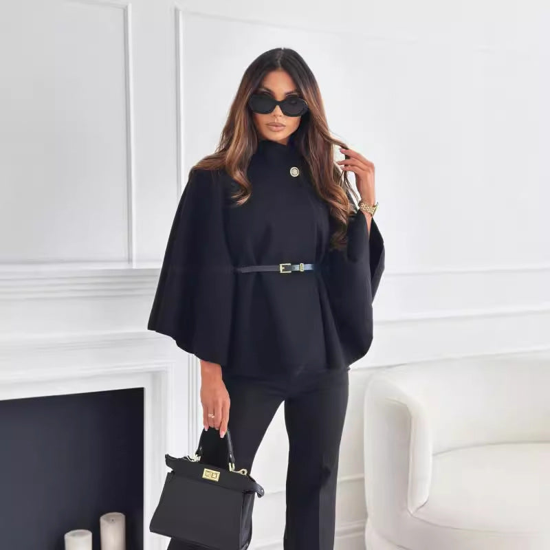 Women’s Woolen Cloak Jacket – Stand Collar Batwing Sleeve Belted Sweater Outwear