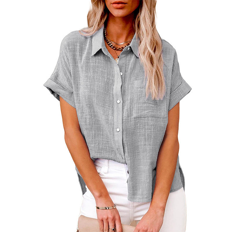Women’s Summer Lapel Shirt – Solid Color Short Sleeve Button Top with Pockets