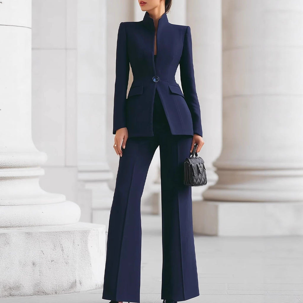 Eleganter zweiteiliger Damenanzug – Langarm-Blazer & Hose mit weitem Bein