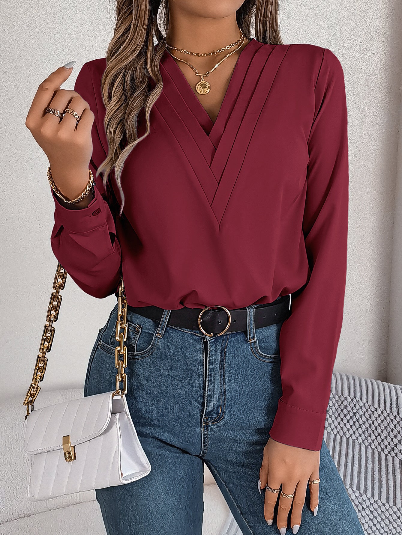 Stylish Business Casual Shirt – Elegant V-Neck Long Sleeve Solid Blouse