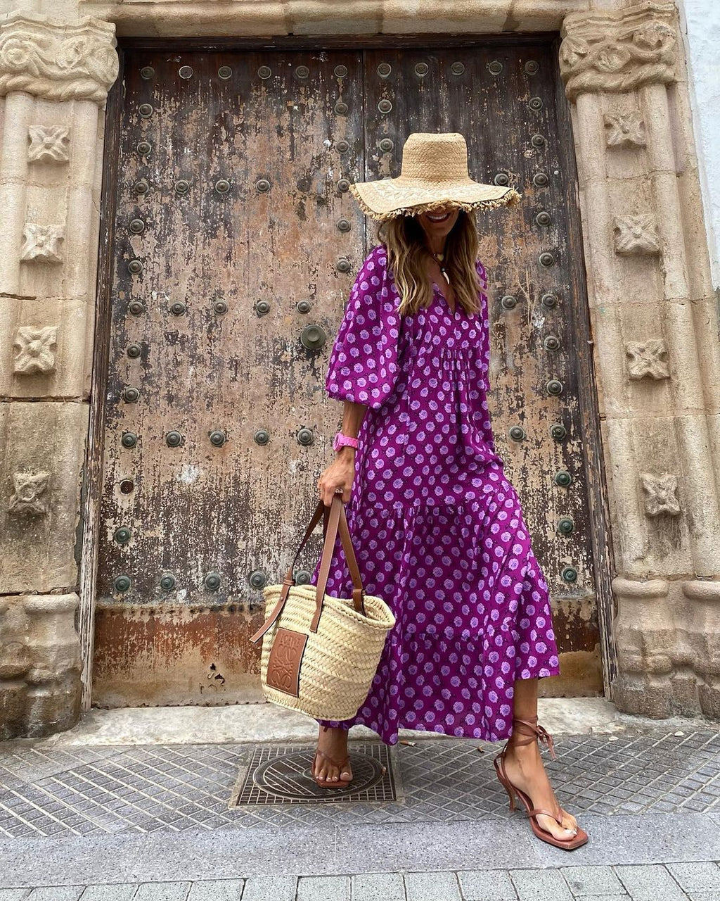Vintage Bohemian Maxikleid – Elegantes V-Ausschnitt Kurzarm Sommer-Outfit