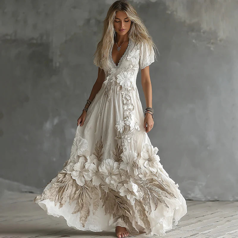 Retro Bohemian Floral Linen Maxi Dress, Loose Fit