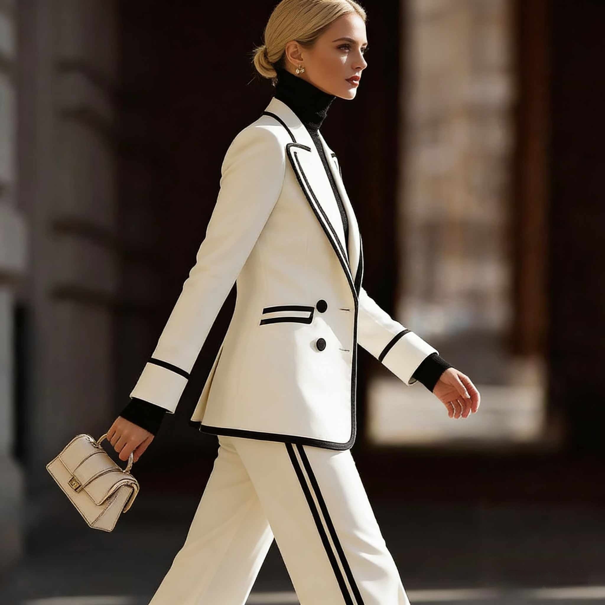 “Stylish Long Sleeve Blazer Suit – Double-Breasted Jacket with Casual Pants