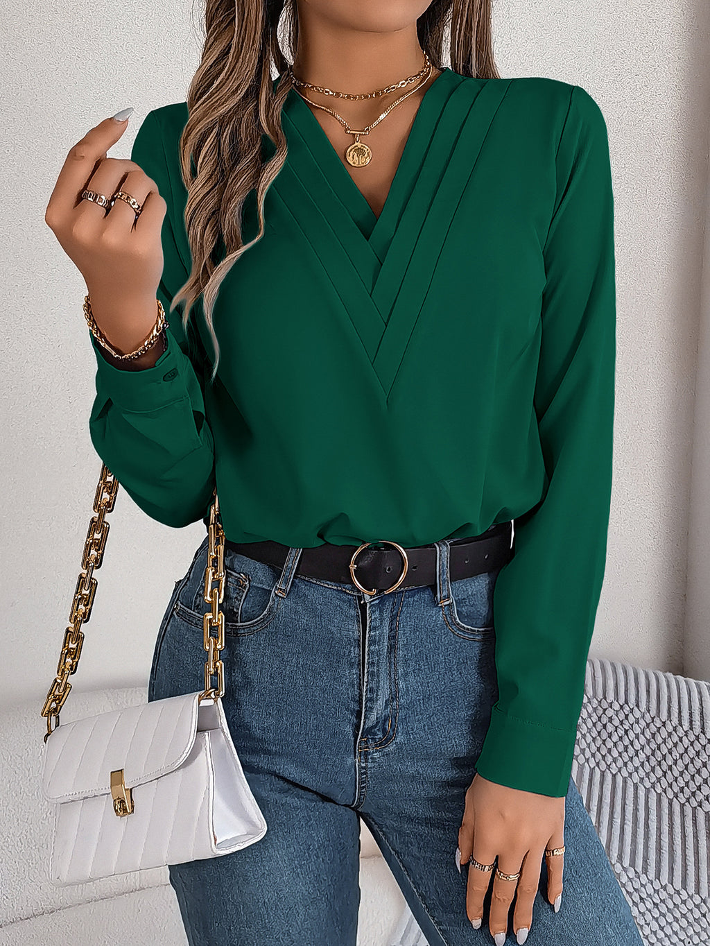 Stylish Business Casual Shirt – Elegant V-Neck Long Sleeve Solid Blouse