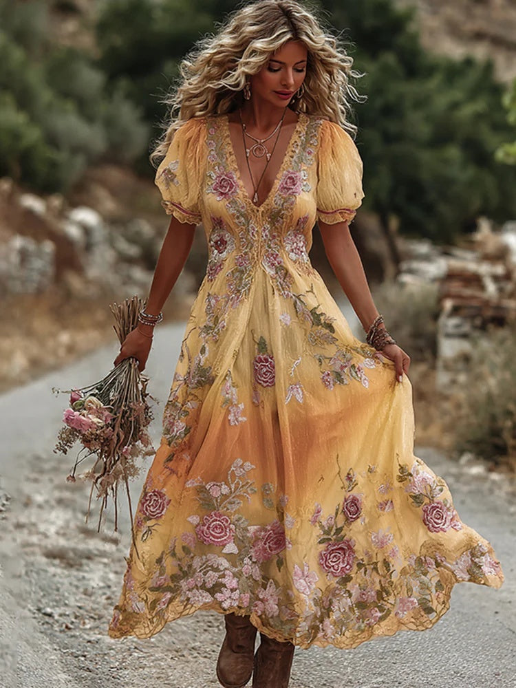 Retro Bohemian Floral Linen Maxi Dress, Loose Fit