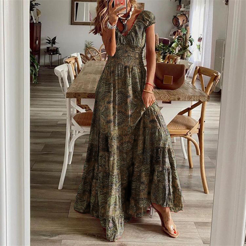 Women’s Summer Floral Midi Dress – Waist-Cinching Elegant A-Line Outfit