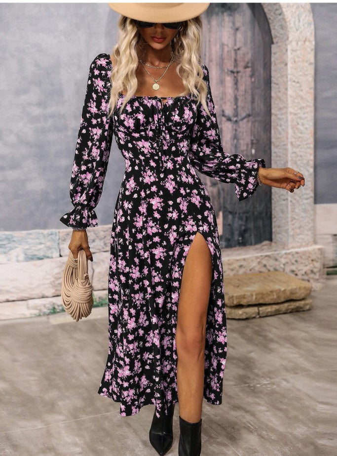 Women’s Summer Floral Dress – Square-Neck Long Sleeve Slit Outfit