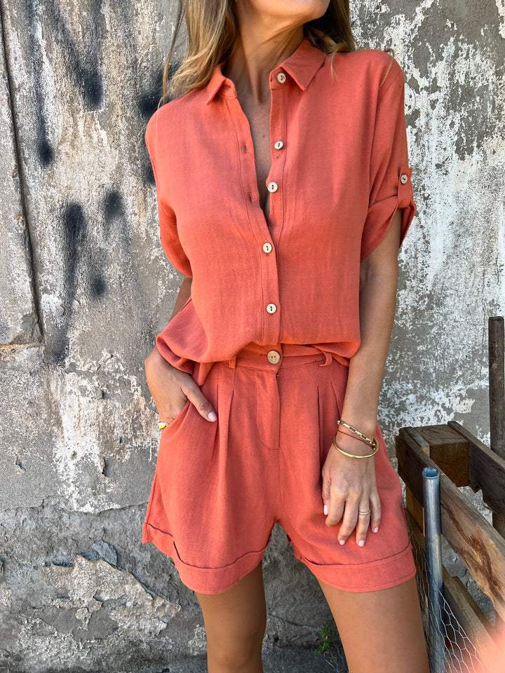 Women’s Summer Two-Piece Suit – Lapel Short Sleeve Button Shirt with Pocket Shorts
