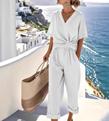 “Women’s Summer Two-Piece Suit – V-Neck Irregular Pleated Top with Slim Pants