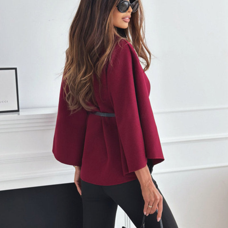 Women’s Woolen Cloak Jacket – Stand Collar Batwing Sleeve Belted Sweater Outwear