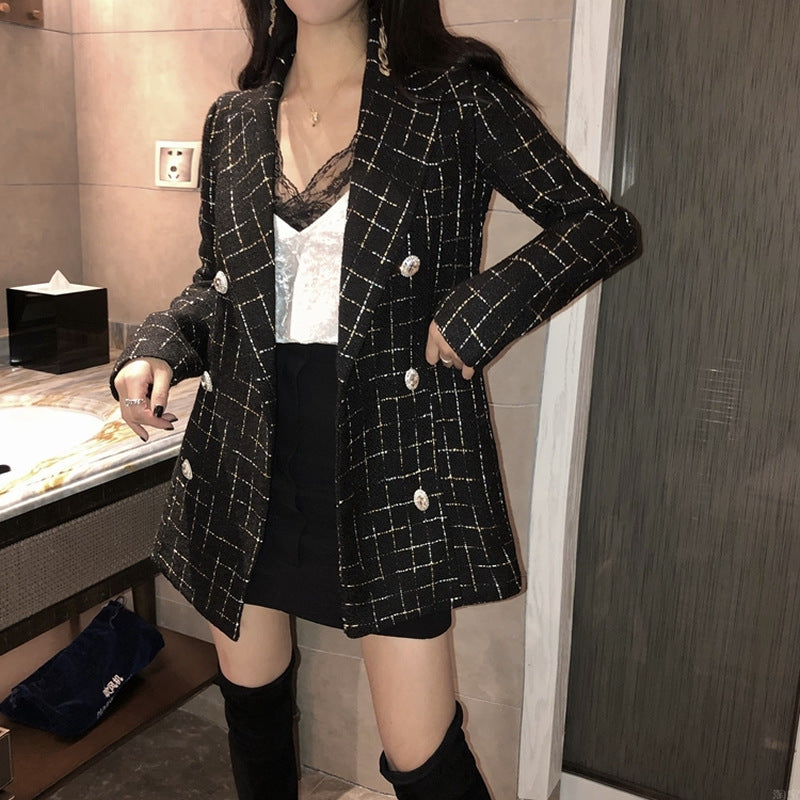 Kim Jennie Look Inspiriert Kleiner Süßer Milch-Karoanzug Zweireiher-Jacke