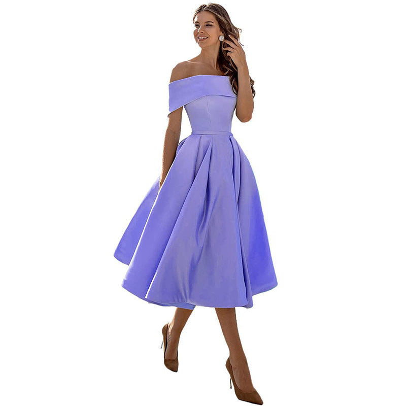 Elegant Satin Strapless Dress – Women’s Off-Shoulder Tea-Length Evening Outfit with Pockets