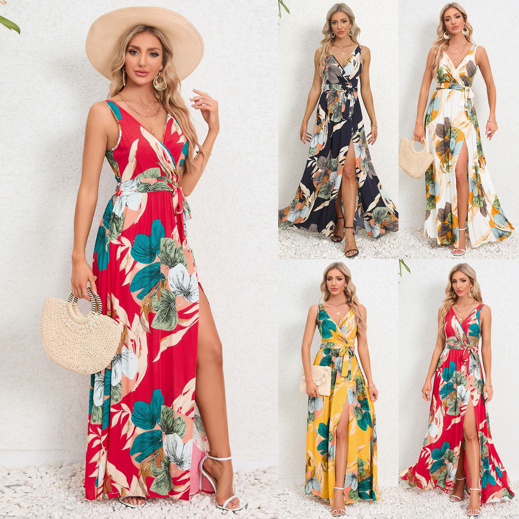Women’s Summer Floral Maxi Dress – V-Neck Sleeveless Waist Tie Slit Outfit