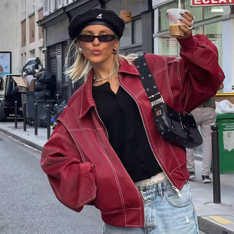 Lockere Mode Revers Jacke Reißverschluss Coole Langarm Reißverschluss Moto Biker Lederjacke Damenbekleidung