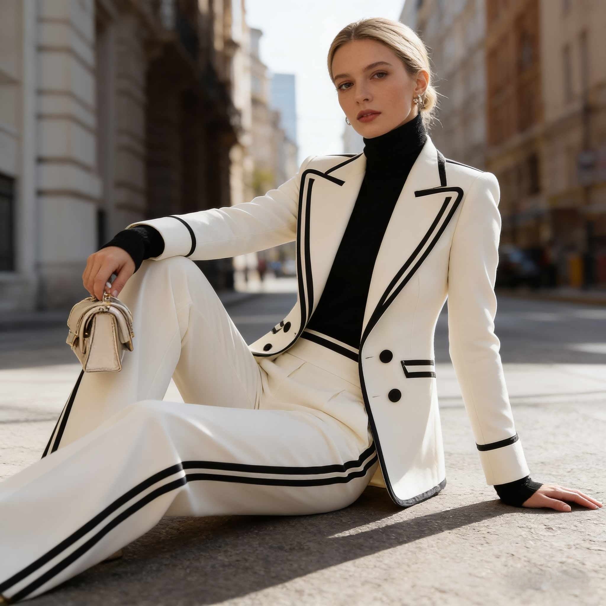 “Stylish Long Sleeve Blazer Suit – Double-Breasted Jacket with Casual Pants