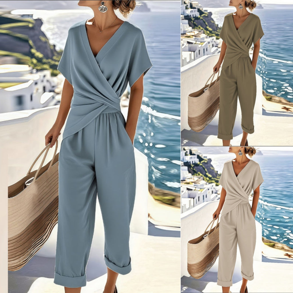 “Women’s Summer Two-Piece Suit – V-Neck Irregular Pleated Top with Slim Pants