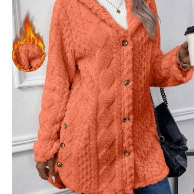 Kapuzenstrickjacke mit Knöpfen, langer Jacke, Winter, einfarbig, Langarmmantel