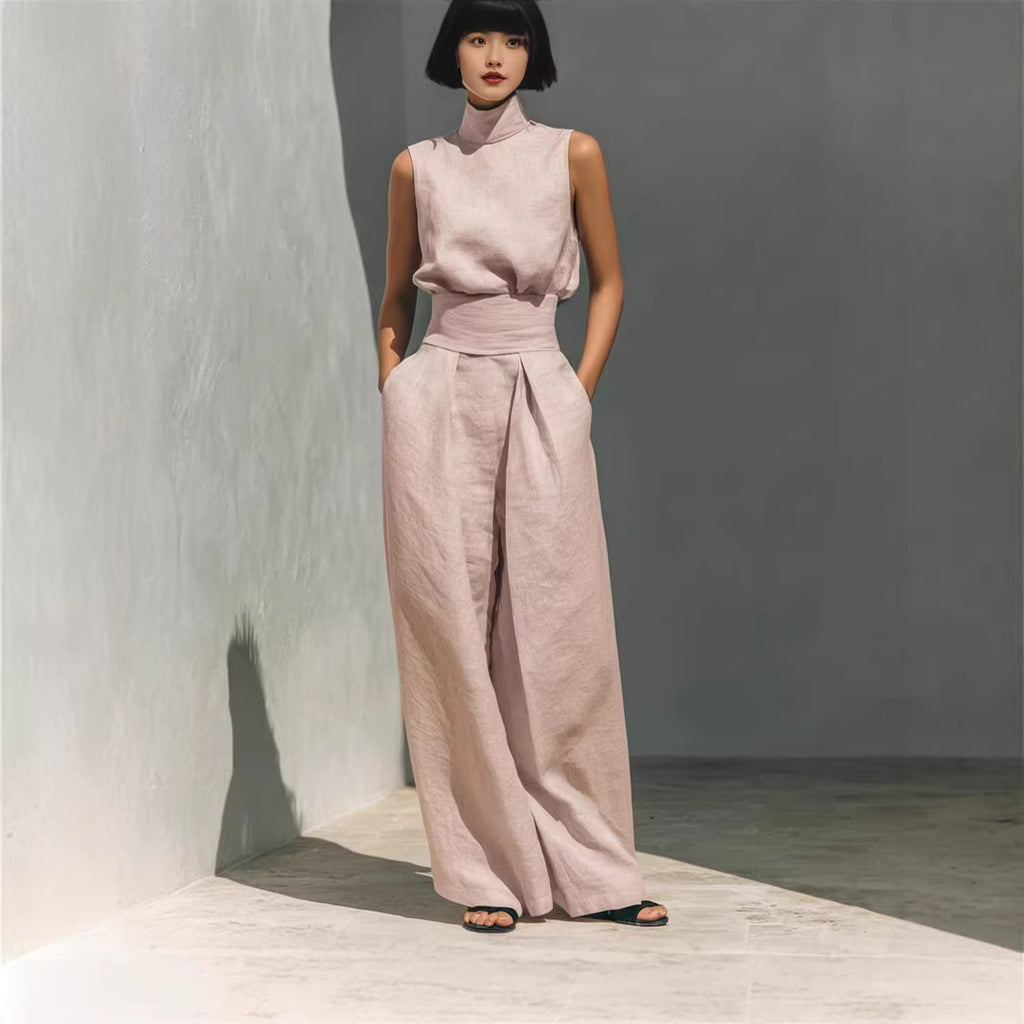 Elegant Women’s Co-ord Set – Sleeveless Stand-Up Collar Top & Loose Trousers