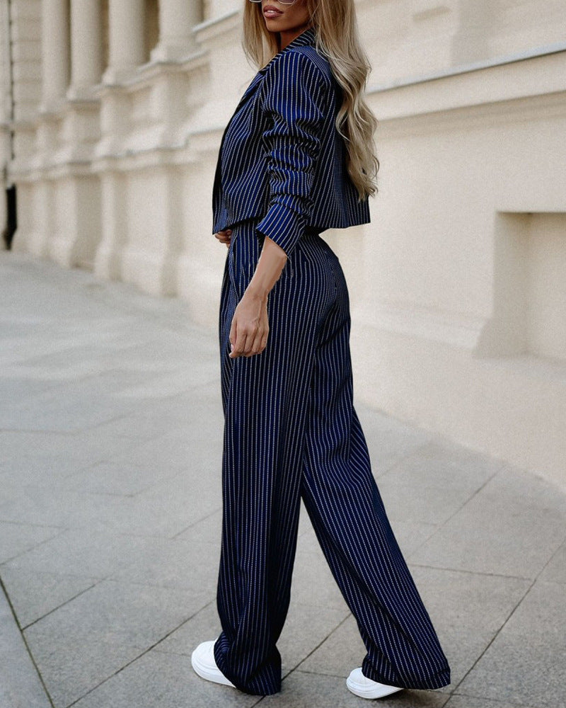 Women’s Spring Striped Suit – Casual Lapel Cropped Jacket with Straight Pants