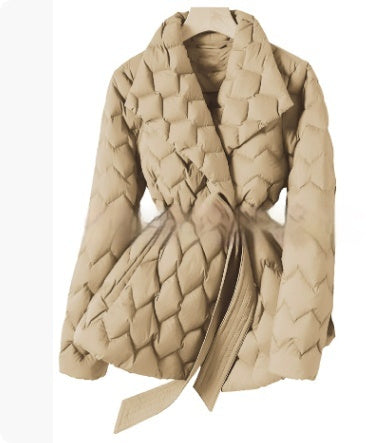 Winterjacke mit Wellenstich-Muster, Gürtel, modischen warmen Taschen, Reverskragen, Damen Temperament Leichte Oberbekleidung Kleidung