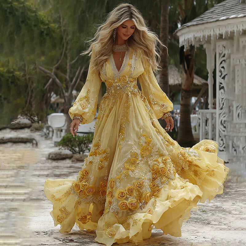 Retro Bohemian Floral Linen Maxi Dress, Loose Fit