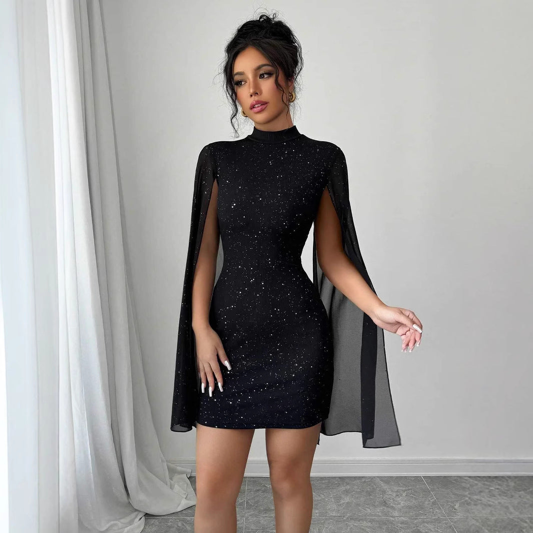 „Formelles Clubparty-Kleid – Rundhals, Pailletten, Perlen, Capesärmel, schmale Passform“