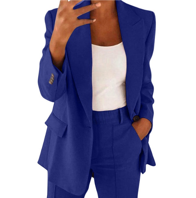 Trendy Women’s Workwear – Casual Long Sleeve Blazer Jacket with Slim Fit Trousers