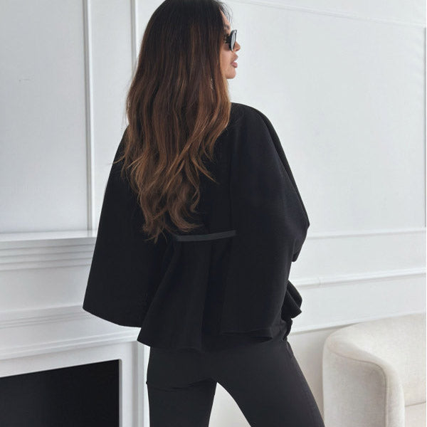 Women’s Woolen Cloak Jacket – Stand Collar Batwing Sleeve Belted Sweater Outwear
