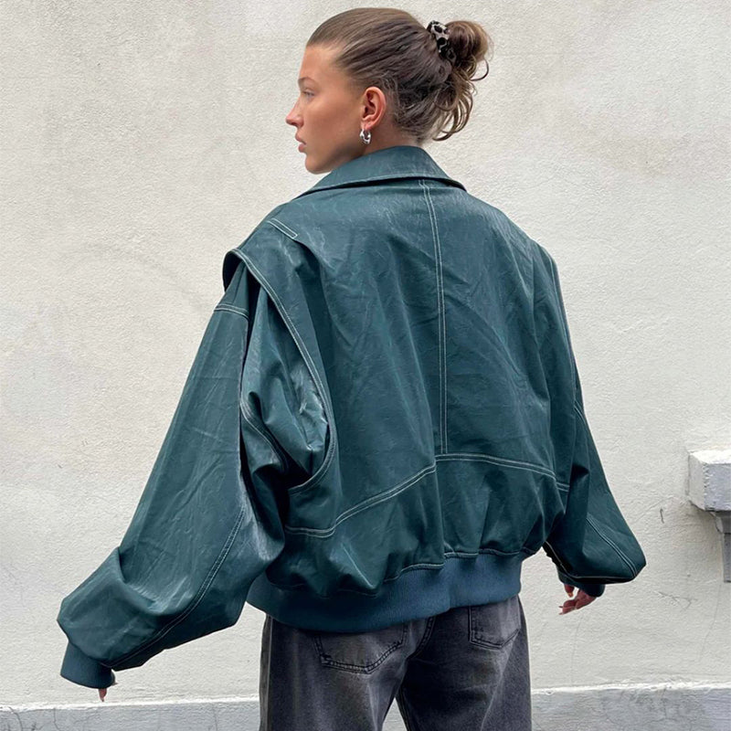 Lockere Mode Revers Jacke Reißverschluss Coole Langarm Reißverschluss Moto Biker Lederjacke Damenbekleidung