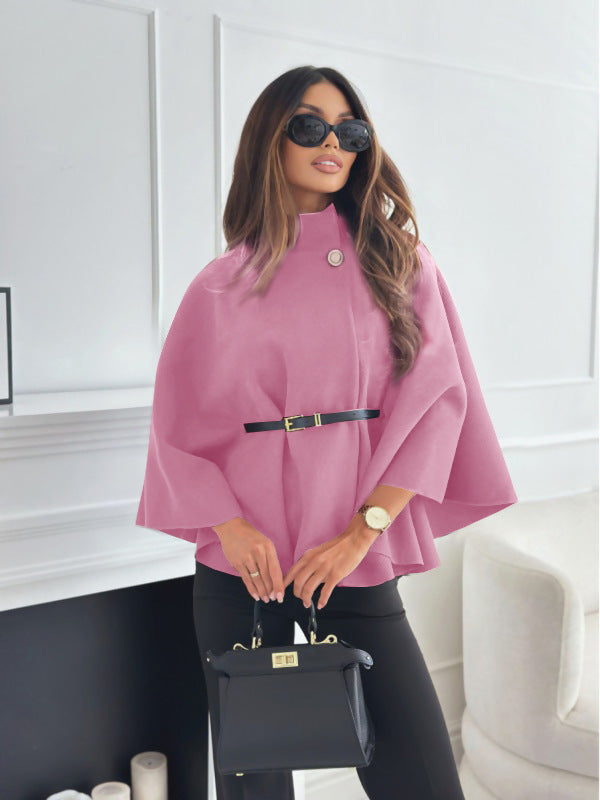 Women’s Woolen Cloak Jacket – Stand Collar Batwing Sleeve Belted Sweater Outwear