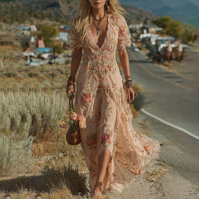 Retro Bohemian Floral Linen Maxi Dress, Loose Fit