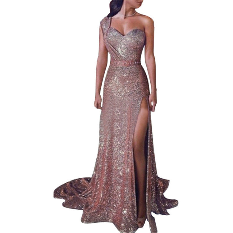 Damenbekleidung Ein-Schulter-ärmelloses Kleid mit Bronzierung und Schlitz