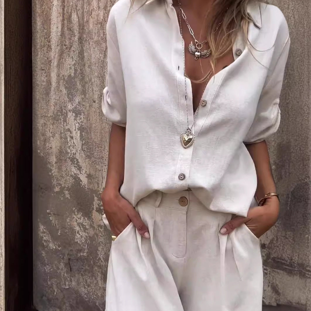 Women’s Summer Two-Piece Suit – Lapel Short Sleeve Button Shirt with Pocket Shorts