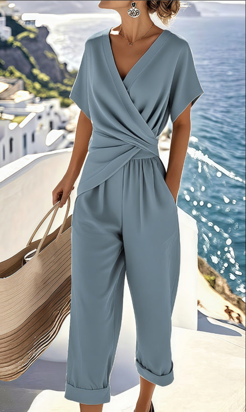 “Women’s Summer Two-Piece Suit – V-Neck Irregular Pleated Top with Slim Pants